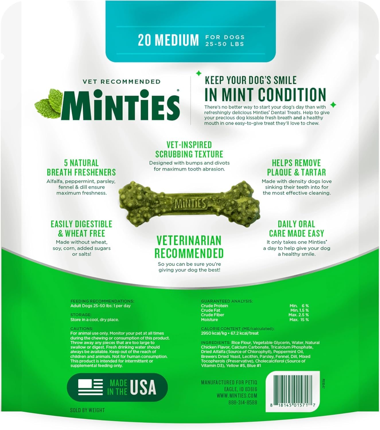 Dental Chews for Dogs, 8 Count, Vet-Recommended Mint-Flavored Dental Dog Treats for Medium Sizes 25-50 Lbs, Bones Clean Teeth, Fight Bad Breath, and Removes Plaque and Tartar