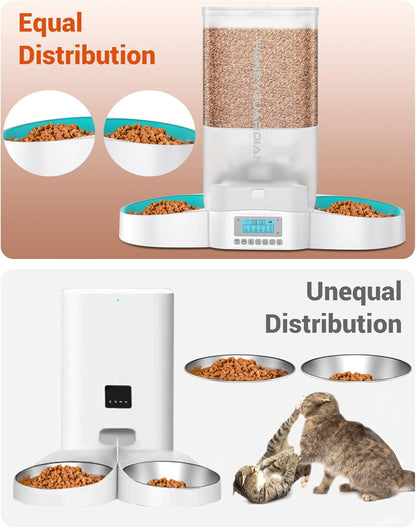 5L Large Capacity  Automatic Cat Feeder for Two Cats,5L Cat Food Dispenser with Slow Feeder Bowl, Timed Cat Feeder Programmable 1-6 Meals Control, Dual Power Supply, 10S Meal Call White