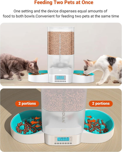 5L Large Capacity  Automatic Cat Feeder for Two Cats,5L Cat Food Dispenser with Slow Feeder Bowl, Timed Cat Feeder Programmable 1-6 Meals Control, Dual Power Supply, 10S Meal Call White