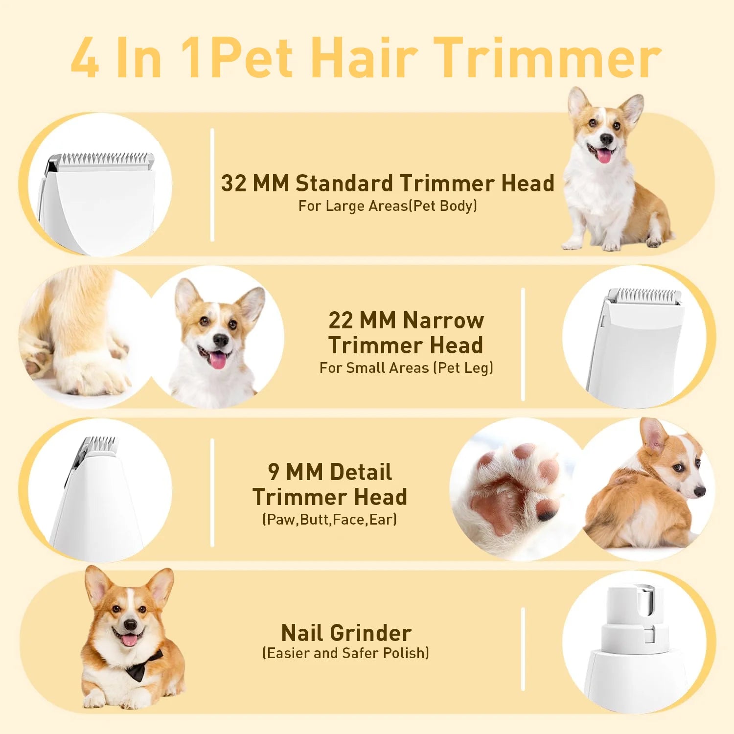 Dogs Hair Clippers Grooming Kit - 4 in 1 Electric Cordless Cordless Pet Nail Grinder for Dog Cat, Pet Clippers Grooming Paws, Eyes, Ears, Face,Nail, Hair