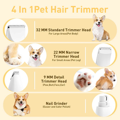 Dogs Hair Clippers Grooming Kit - 4 in 1 Electric Cordless Cordless Pet Nail Grinder for Dog Cat, Pet Clippers Grooming Paws, Eyes, Ears, Face,Nail, Hair