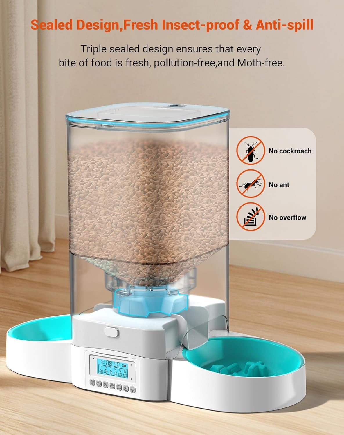 5L Large Capacity  Automatic Cat Feeder for Two Cats,5L Cat Food Dispenser with Slow Feeder Bowl, Timed Cat Feeder Programmable 1-6 Meals Control, Dual Power Supply, 10S Meal Call White