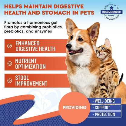 Probiotics & Prebiotics with Enzymes for Dogs and Cats - Digestive Gut Flora Health Pet Food Supplements - Constipation & Diarrhea and Gas Home Remedy - Upset Stomach Relief - Made in USA