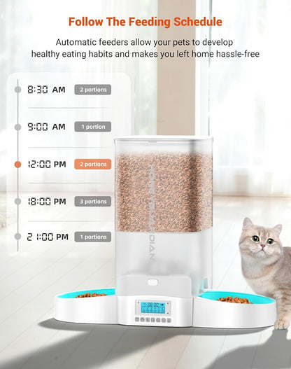 5L Large Capacity  Automatic Cat Feeder for Two Cats,5L Cat Food Dispenser with Slow Feeder Bowl, Timed Cat Feeder Programmable 1-6 Meals Control, Dual Power Supply, 10S Meal Call White
