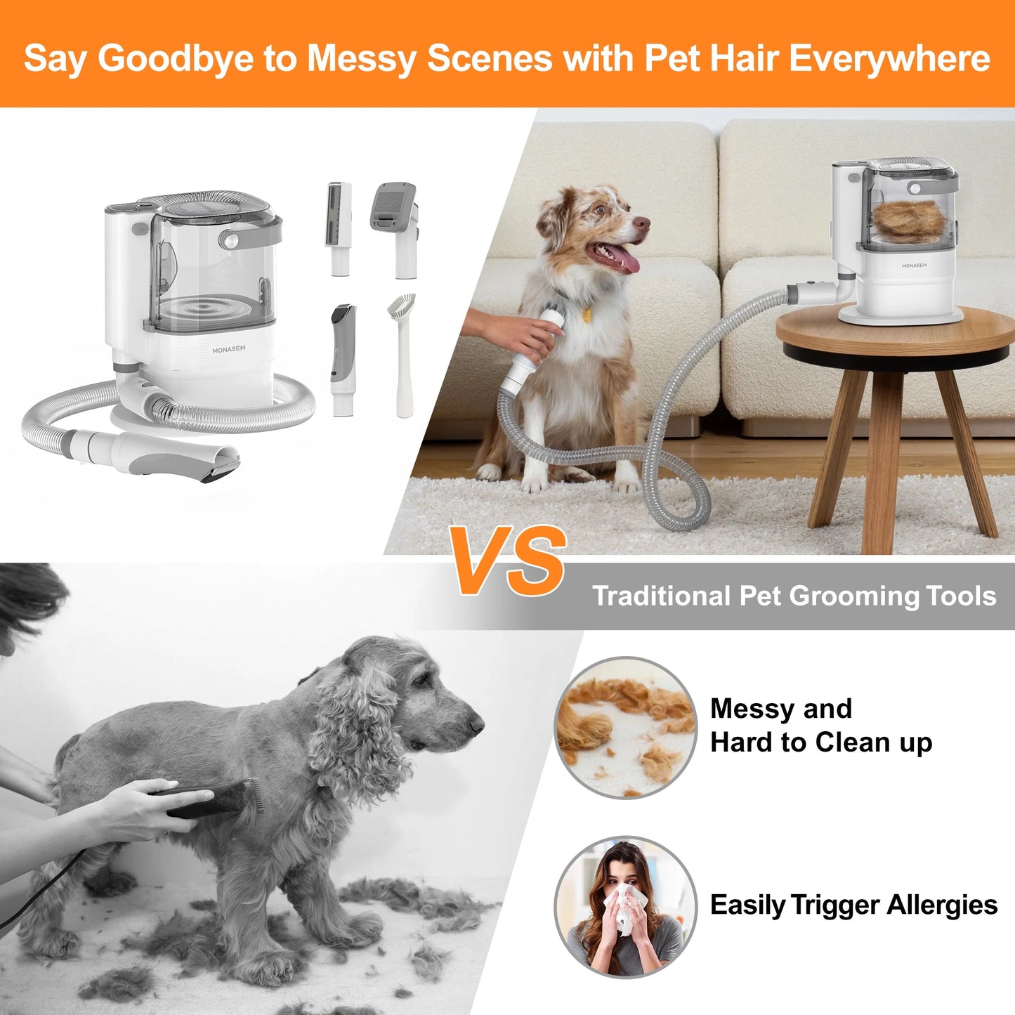 Dog Grooming Vacuum for Shedding, 13,200Pa Pet Grooming Vacuum Kit with Dogs Cats Clippers, 6 in 1 Low Noise Home Cleaning Tool