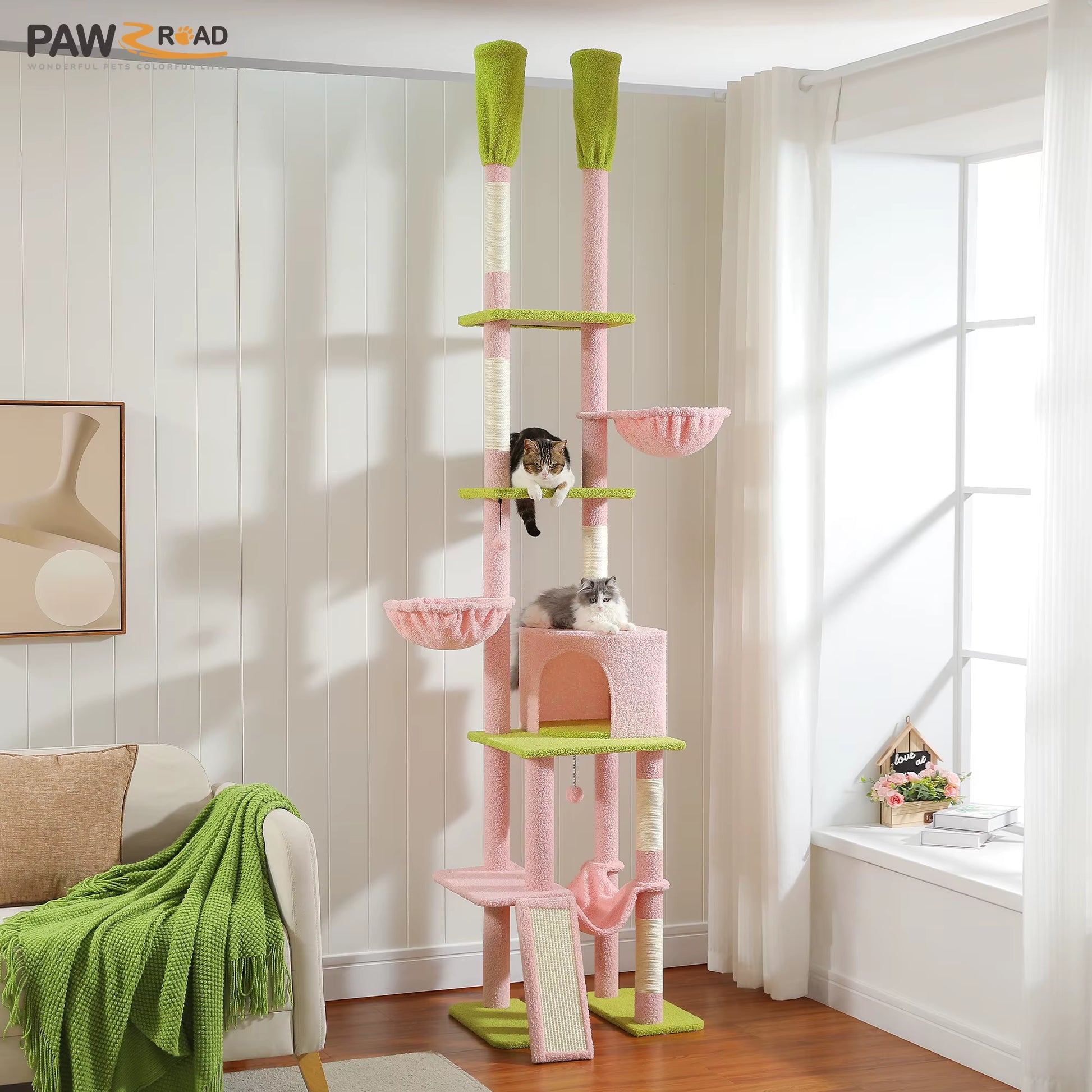 Cactus Cat Tree Floor to Ceiling Cat Tower with Adjustable Height 216-285CM 7 Tiers Climbing Tree with Cozy Hammocks and Condos