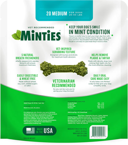 Dental Chews for Dogs, 8 Count, Vet-Recommended Mint-Flavored Dental Dog Treats for Medium Sizes 25-50 Lbs, Bones Clean Teeth, Fight Bad Breath, and Removes Plaque and Tartar