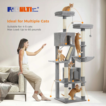 H180CM Large Cat Tree for Indoor Tall Tower for Cat Multi-Level Plush with Natural Sisal Scratching Post Condos Perches Hammock