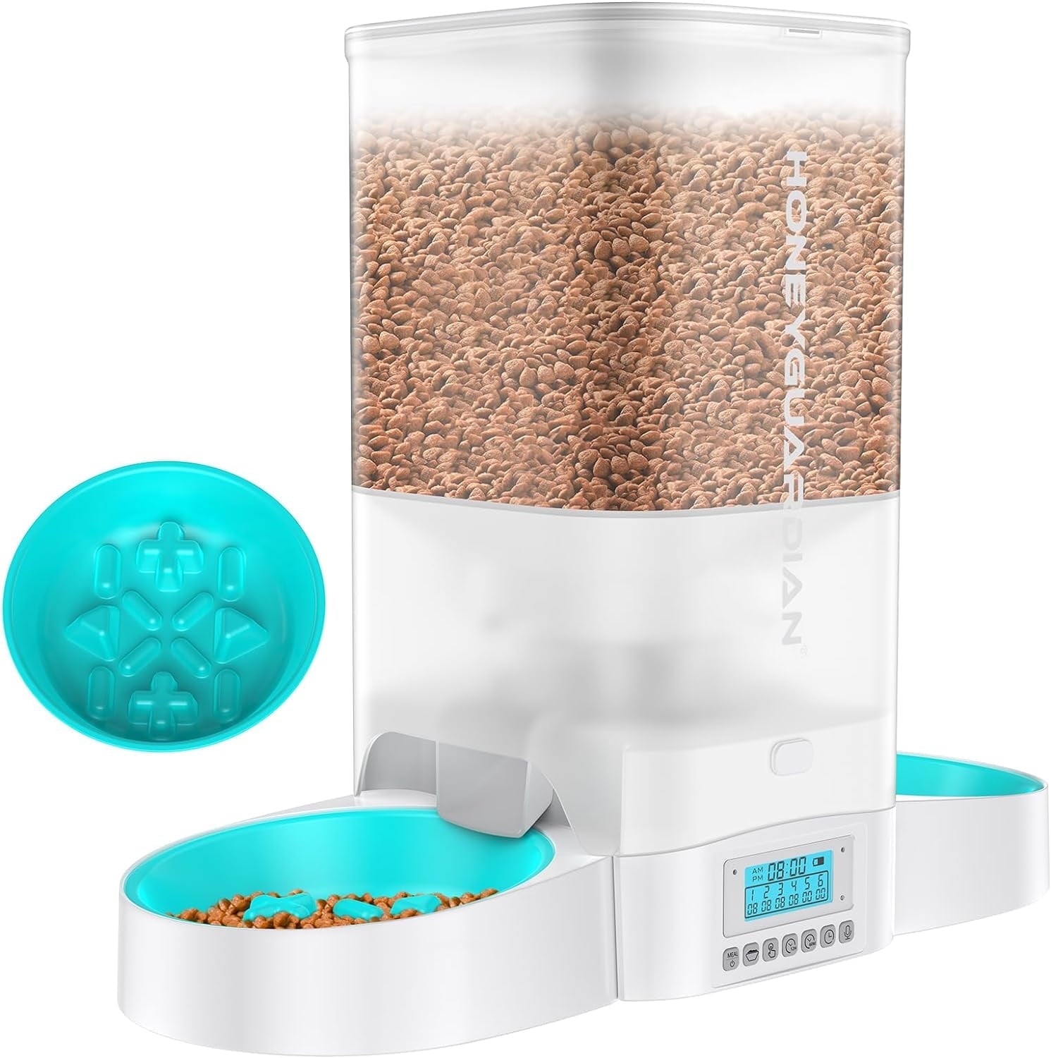 5L Large Capacity  Automatic Cat Feeder for Two Cats,5L Cat Food Dispenser with Slow Feeder Bowl, Timed Cat Feeder Programmable 1-6 Meals Control, Dual Power Supply, 10S Meal Call White