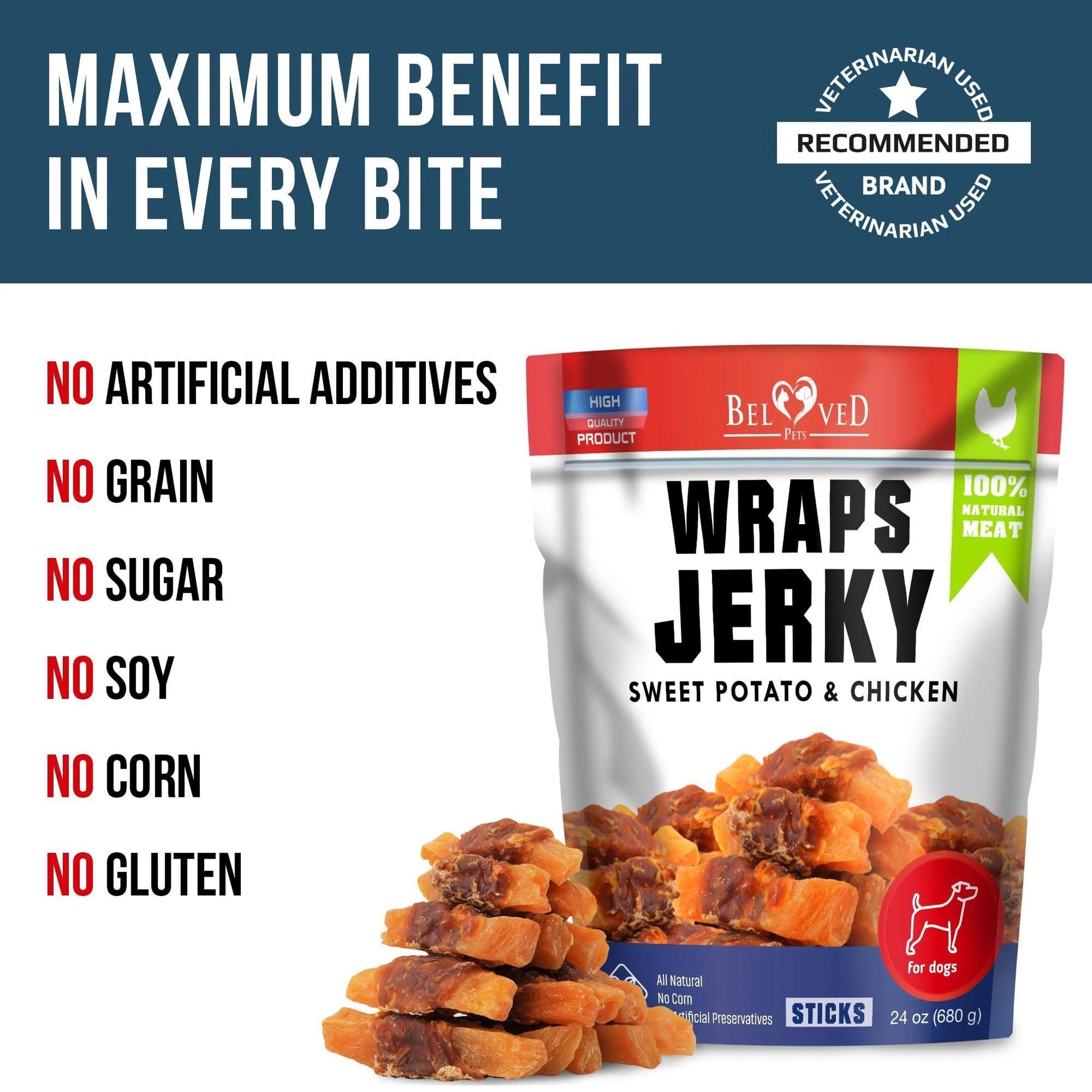 Chicken Jerky Dog Treats Human Grade Grain Free Organic Meat All Natural High Protein Dried Strips Best Chews for Training Small & Large Dogs Bulk Soft Pack Made for USA 24 Oz. (Sweet Potato)