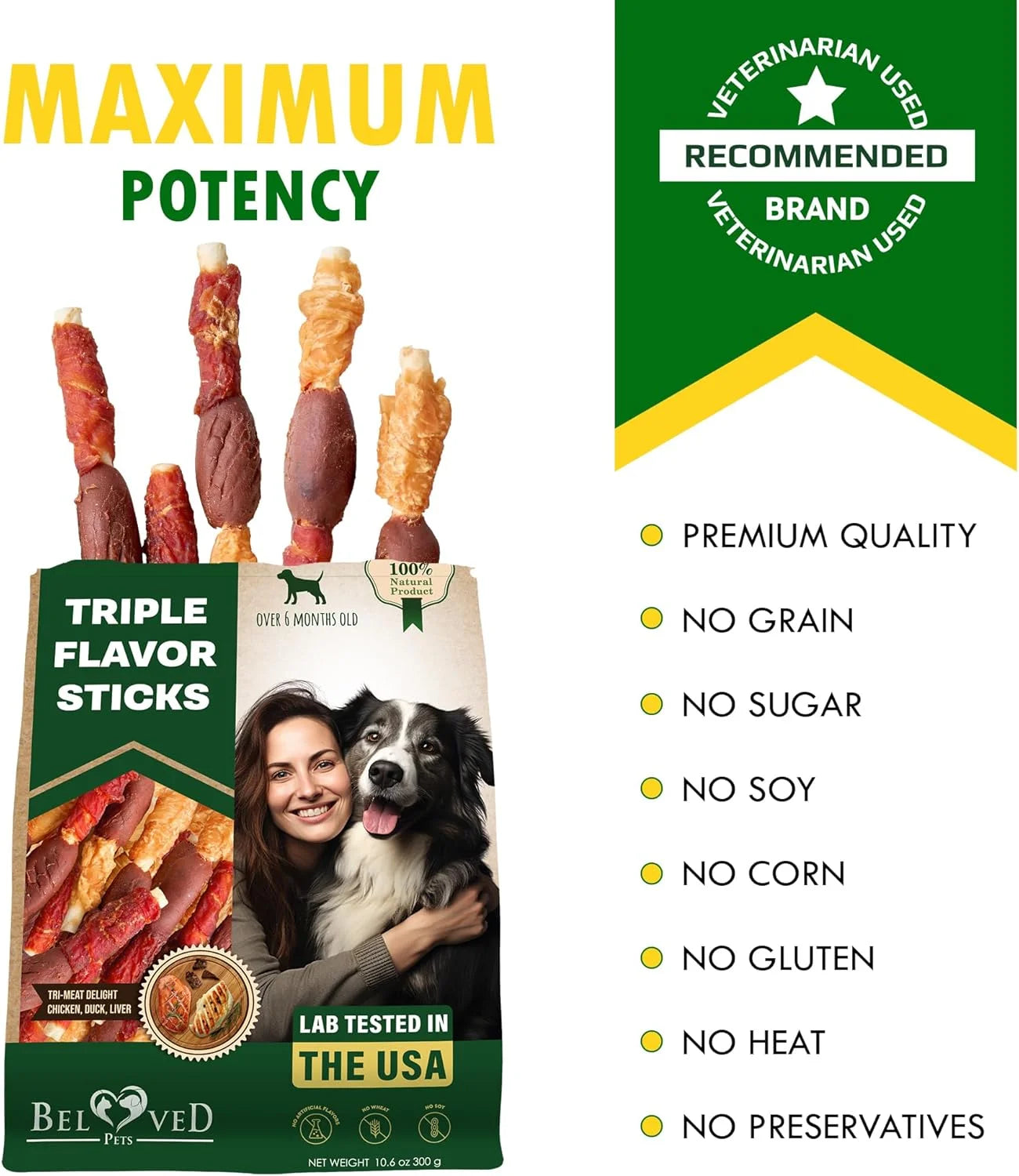 Dog Treats Rawhide Sticks Wrapped with Chicken 10.6 Oz Pet Natural Chew Treats - Grain Free Meat & Human Grade Dried Snacks - Best for Small & Large Dogs (10.6 Ounce (Pack of 1), Triple Sticks)